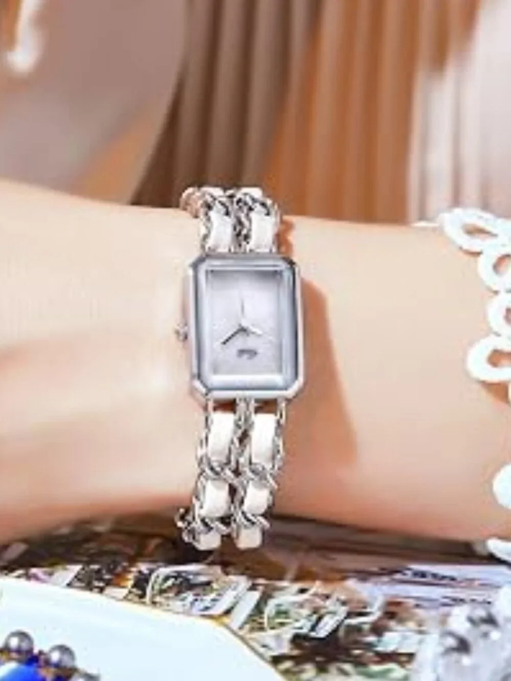 Elegant Womens Square Bracelet Watch, Chain Braid Band Quartz Watch